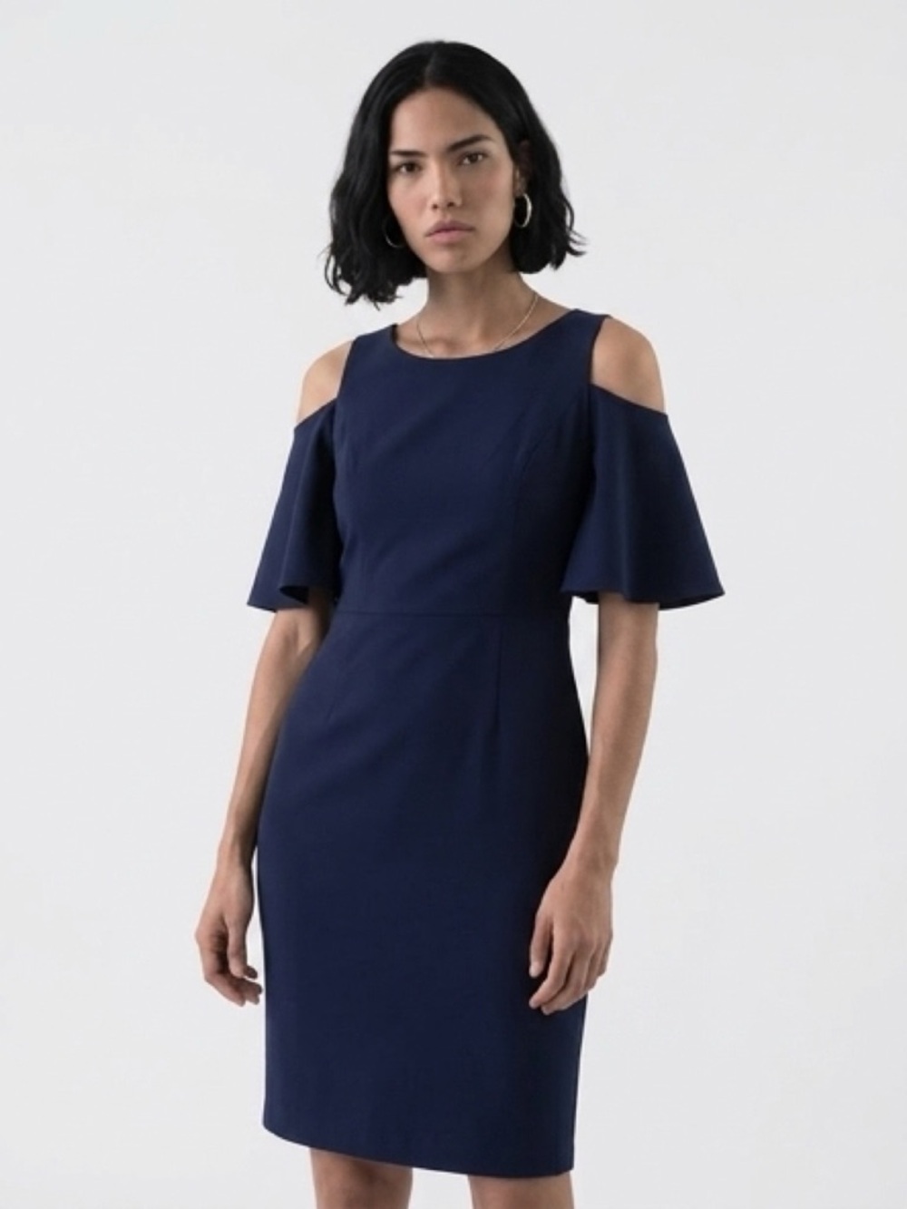 Maggy London Navy Cold-Shoulder Midi Sheath Dress